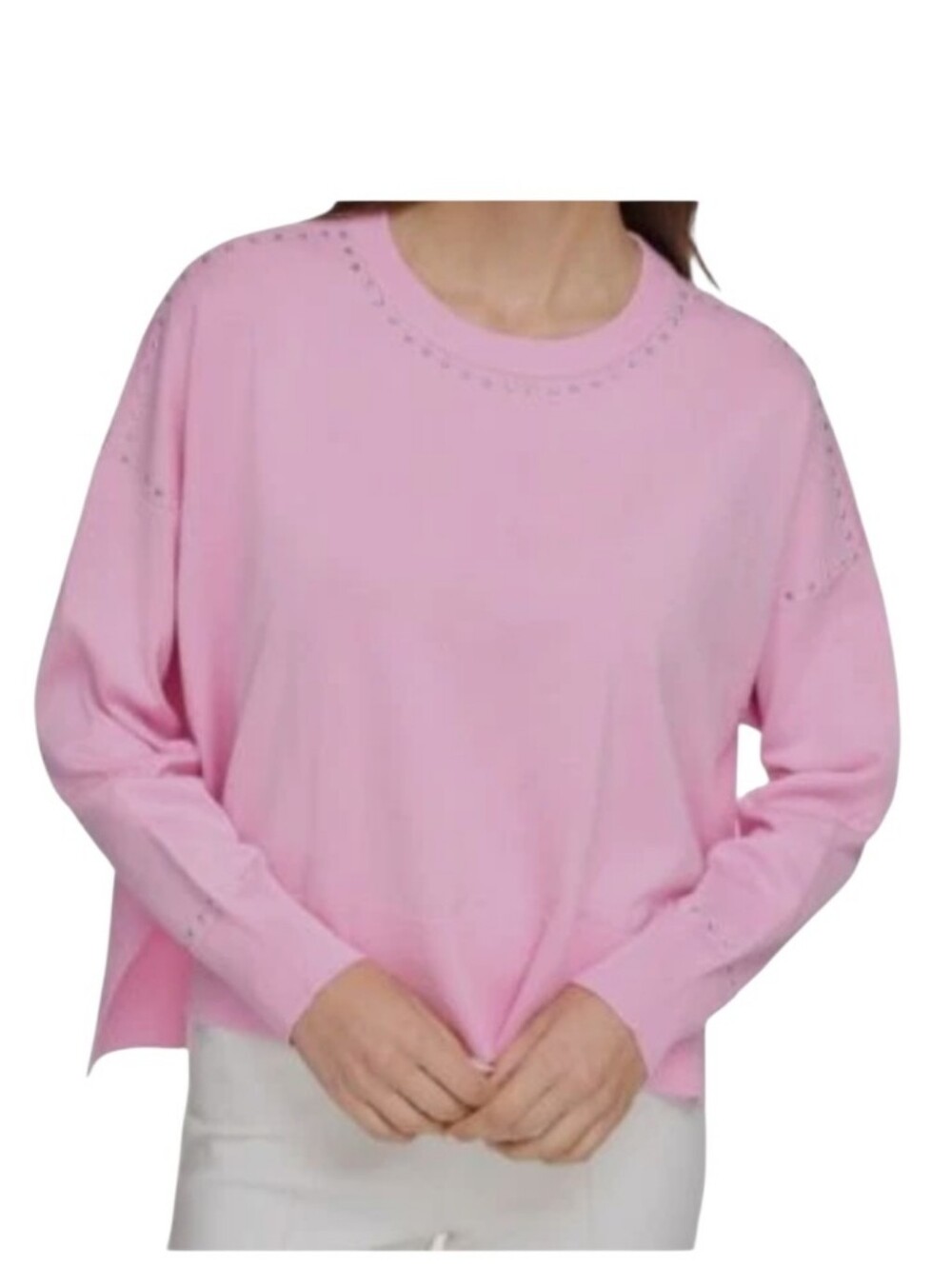 DKNY Pink Cloud Long Sleeve Studded Boxy Knit Sweater L